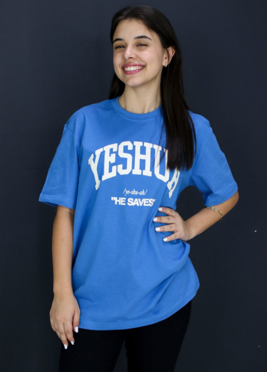 Camiseta Cristã - YESHUA HE SAVES AZUL